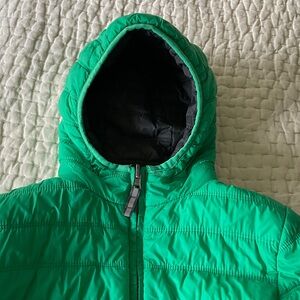 Boden Reversible Rollup Puffer Jacket Size 5/6 green and gray hood